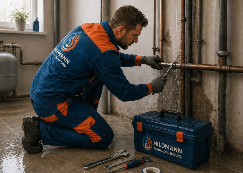 Sanitär Hildmann - Notdienst bei Rohrbruch, Heizung und Wasserschaden - Mitarbeiter bei der Reparatur
