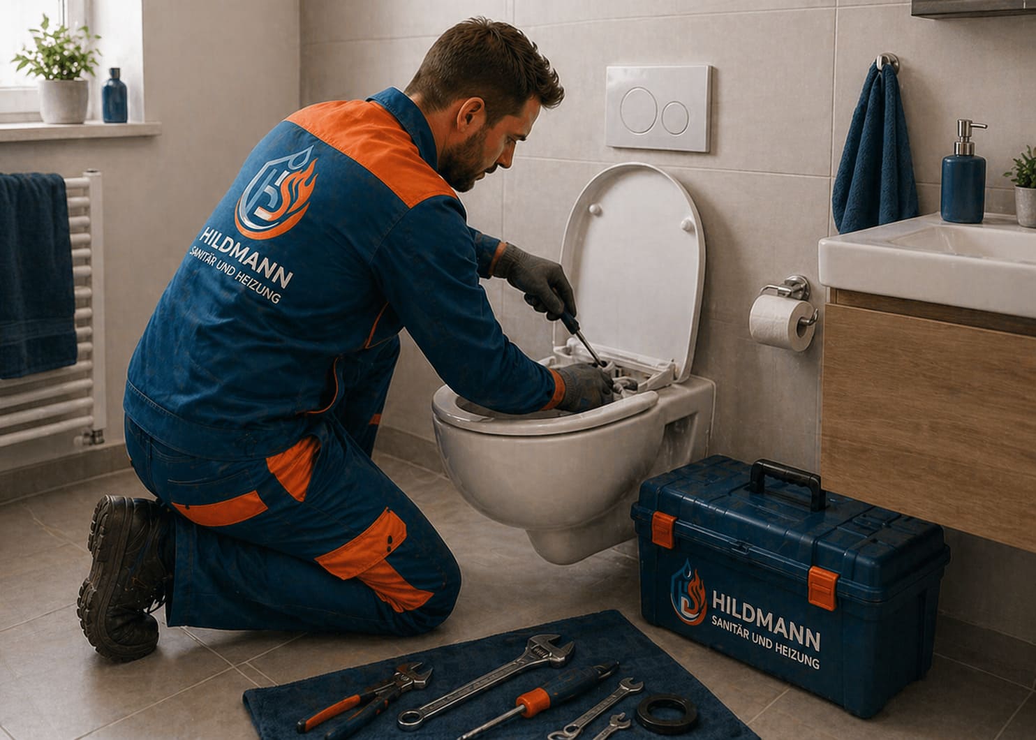 Sanitär Hildmann - Notdienst bei Rohrbruch, Heizung und Wasserschaden - Mitarbeiter bei der Reparatur