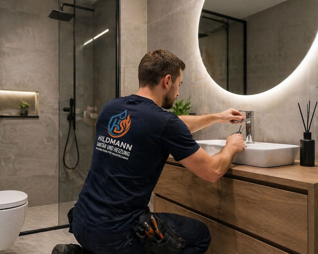 Sanitär Hildmann - Notdienst bei Rohrbruch, Heizung und Wasserschaden - Mitarbeiter bei der Reparatur